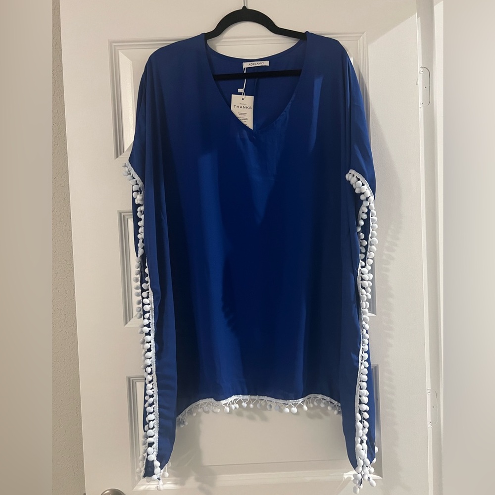 NWT, Adreamly, One Size, Blue V-Neck cover-up with white Pom Pom Trim